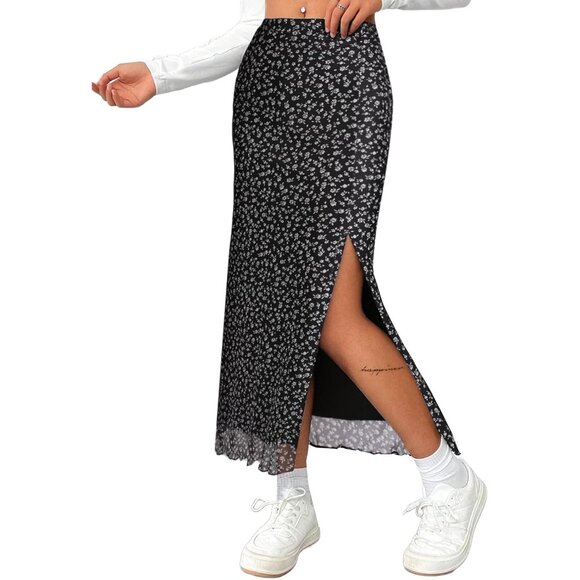 Trendy Mesh Side Slit Maxi Skirt - Boho Floral, High Waisted, Summer Must-Have - Picture 3 of 5